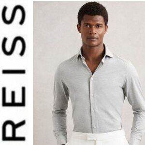 Reiss Nate Jersey Button Down Shirt Grey Melange Cutaway Collar Size 8